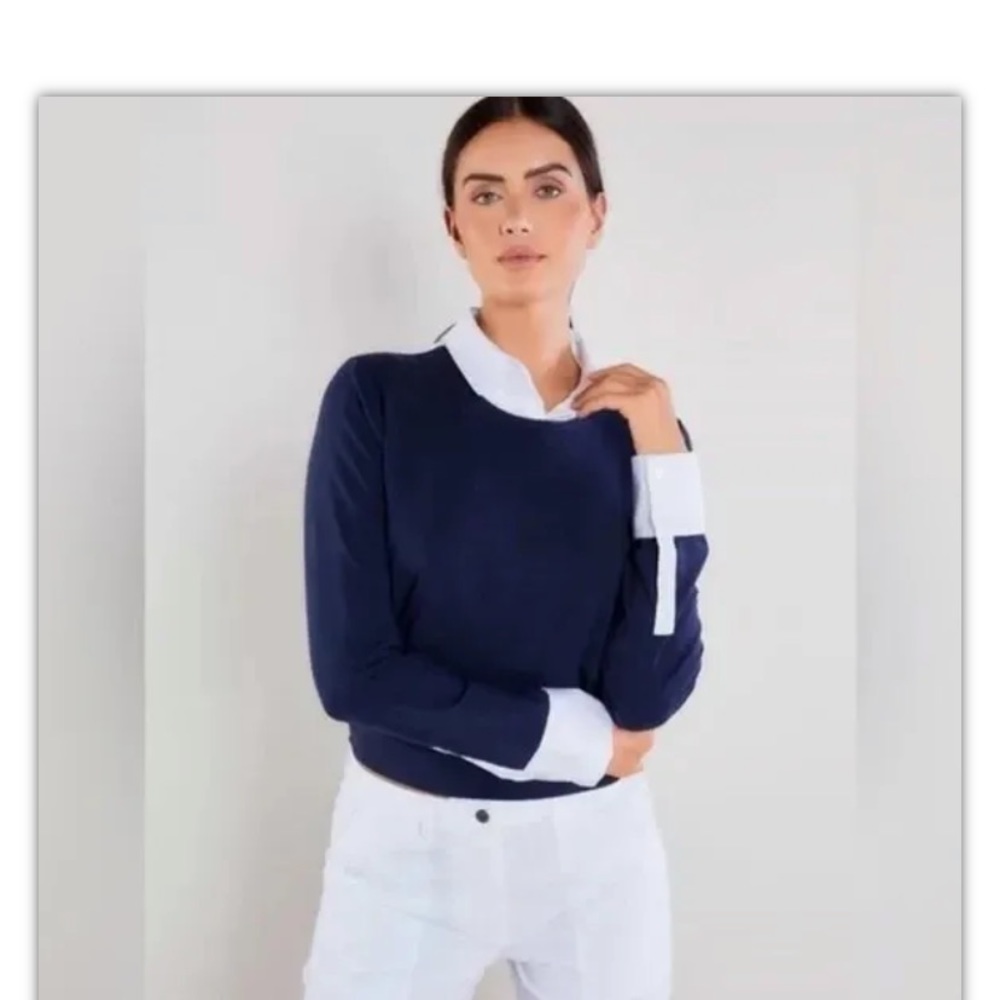 Anatomie joss navy white poplin mix pullover w tails top new